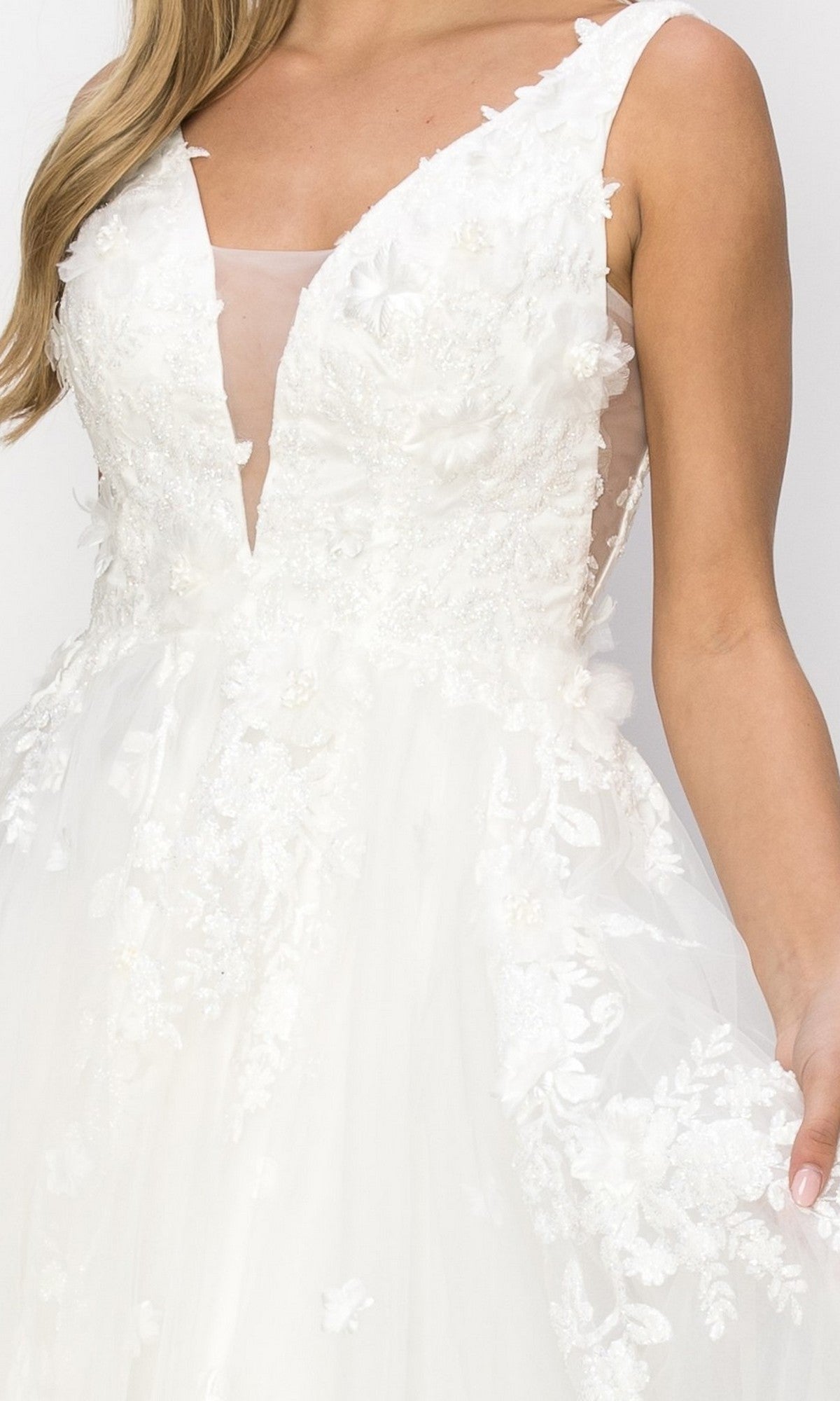 A close-up of a woman wearing the Cinderella Couture 8040J long formal dress, featuring a sleeveless design in white with 3D floral lace appliques and a deep V neckline, crafted in an elegant style.
